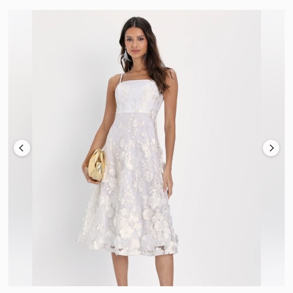 Lulus NEW 3d floral Elegant White Floral A-Line Midi Dress
